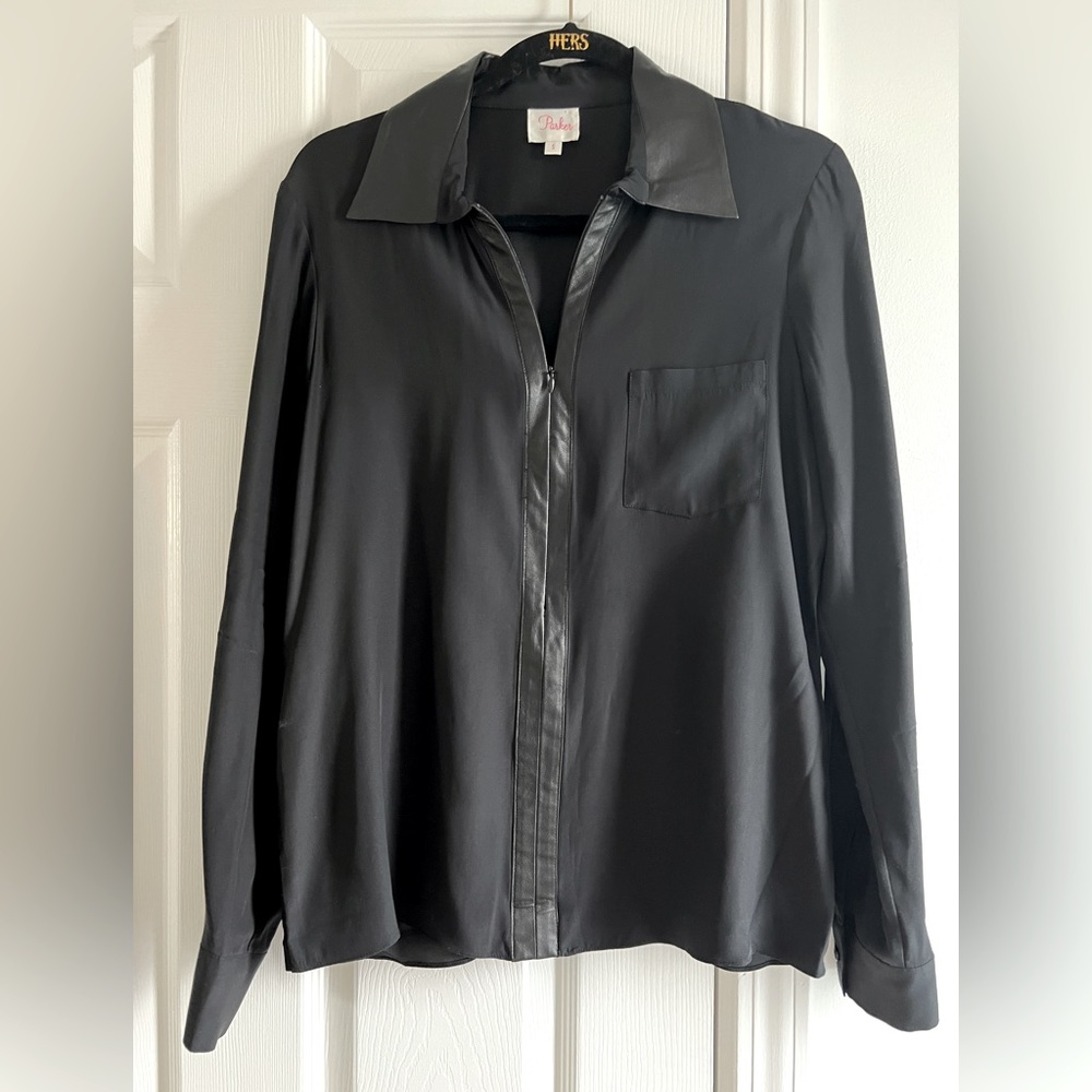 100% Silk genuine Leather trim blouse